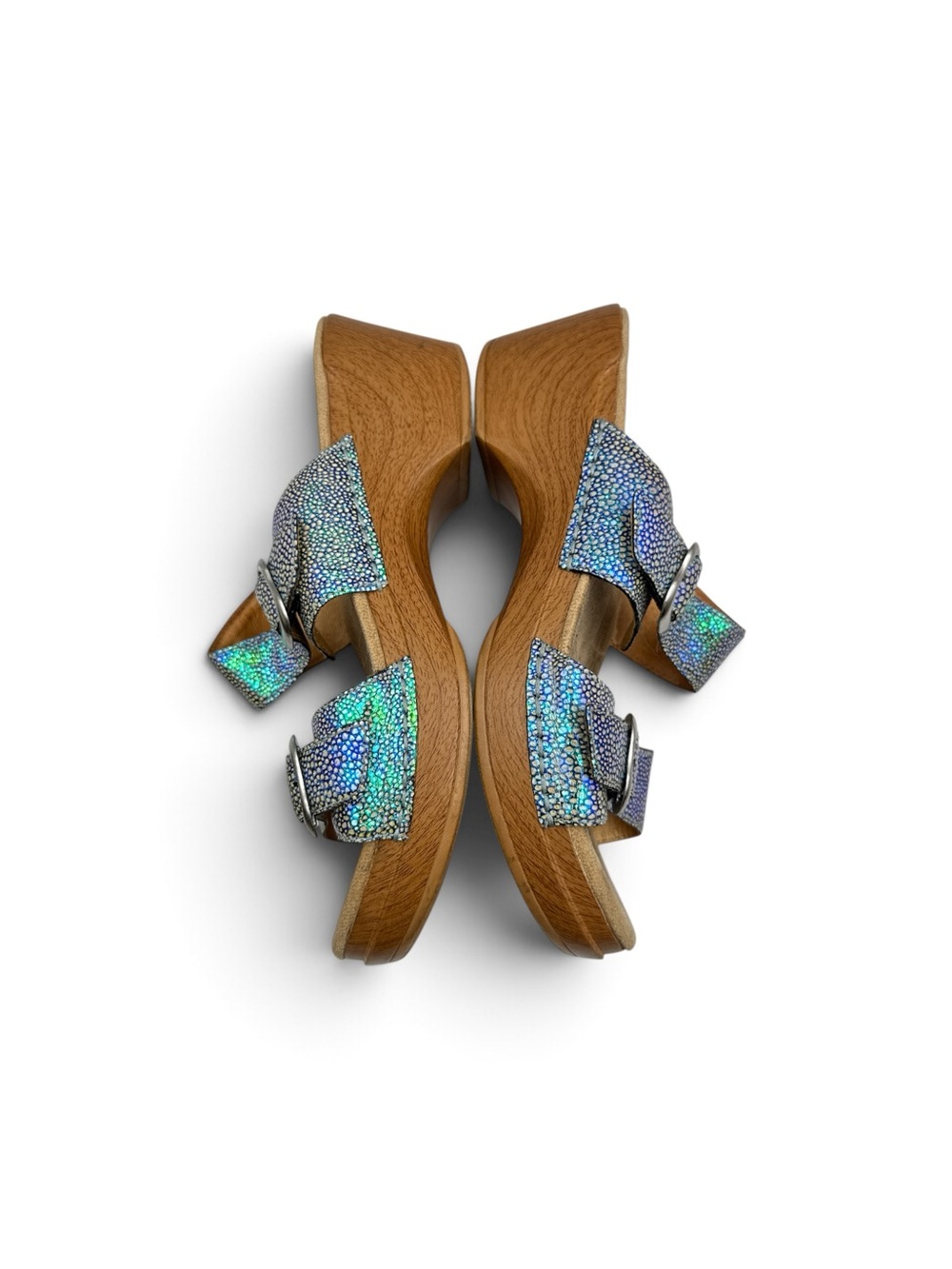 Dansko Size 39 Blue Iridescent Leather Double Strap Wedge Slide Sandals